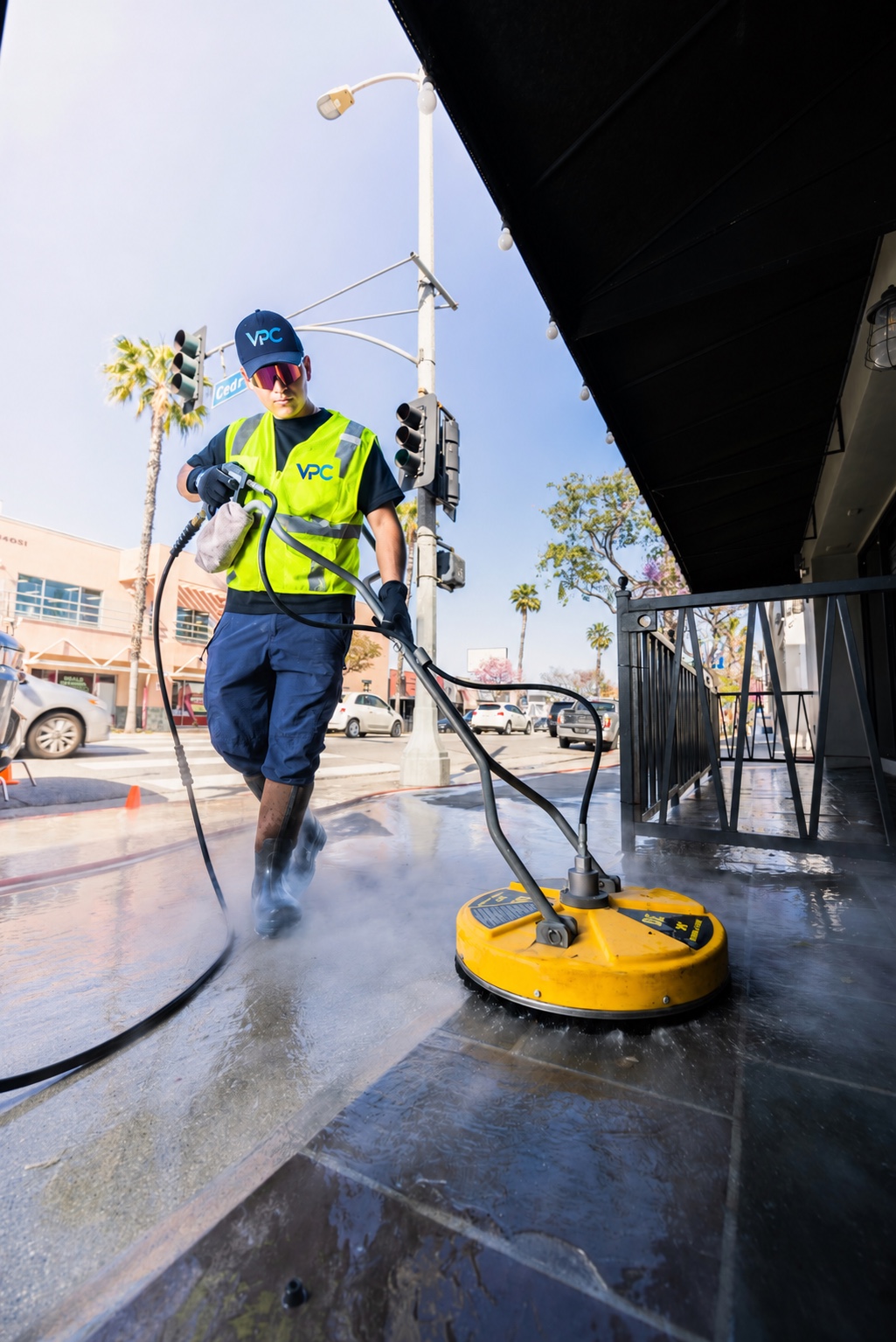 A VPC Pressure Washing crew member pressure washing a commercial storefront sidewalk